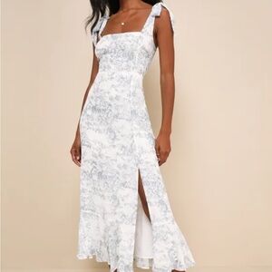 Lulus Summer Invite White and Blue Toile Tie-Strap Tiered Midi Dress | Medium